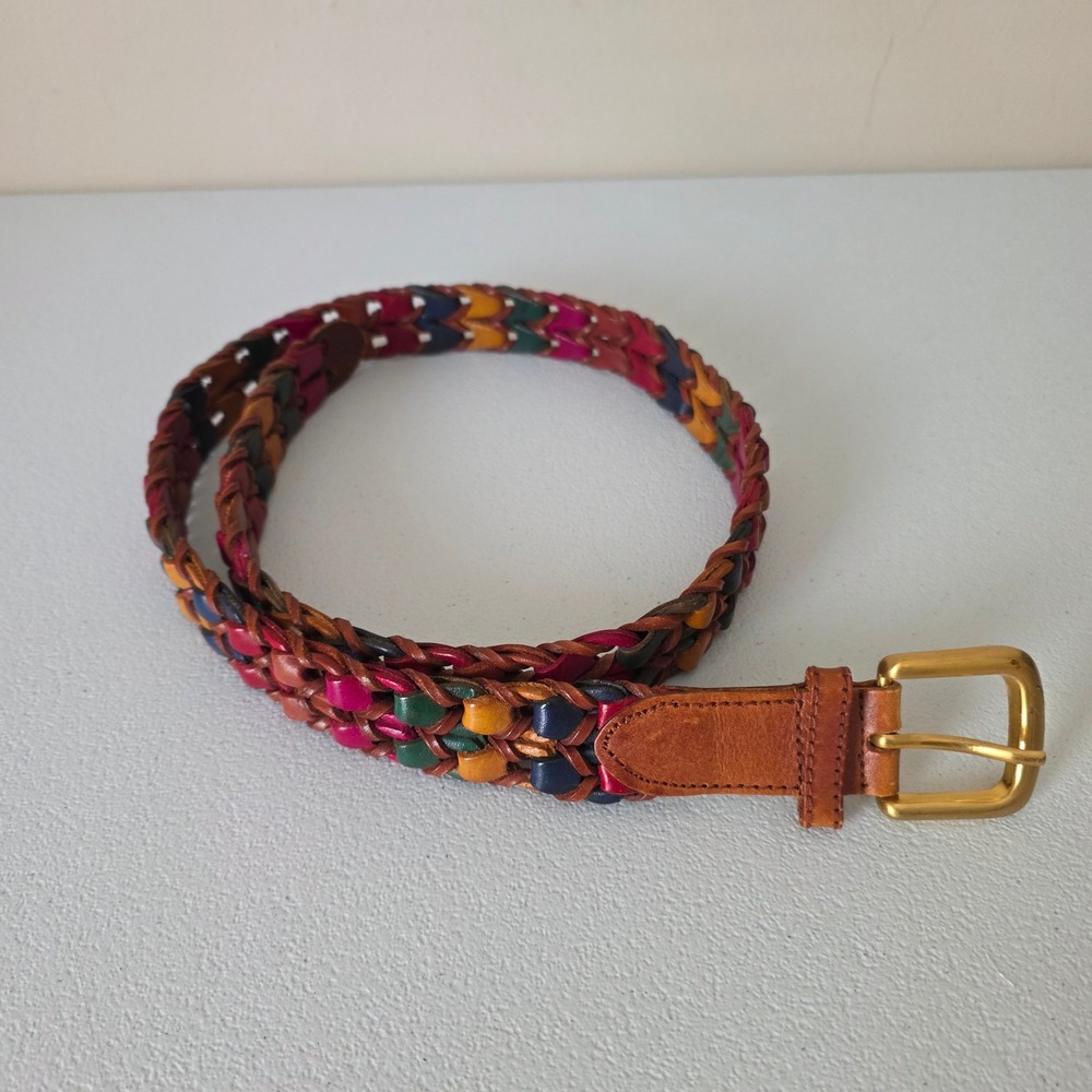 Braided Leather Belt Womens 34 Wovens Medium Made In Italy Brass Buckle Colorful
